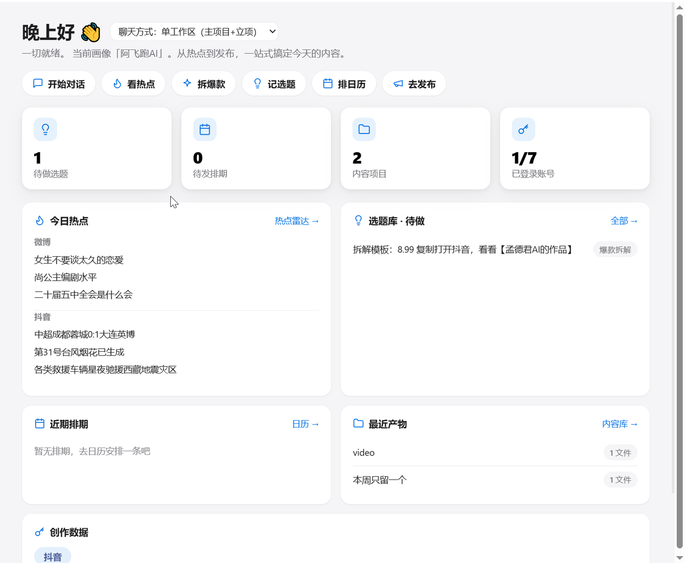 Easel-dsh 工作台实际界面：今日热点、选题库、近期排期、最近产物和创作数据